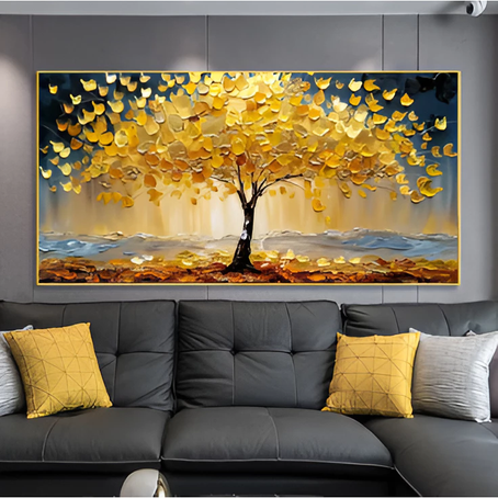Quadro Grande 112x80 Decorativo Árvore Amarela Dourada Paisagem para Casa Sala Quarto Escritório Luxo Flor 
