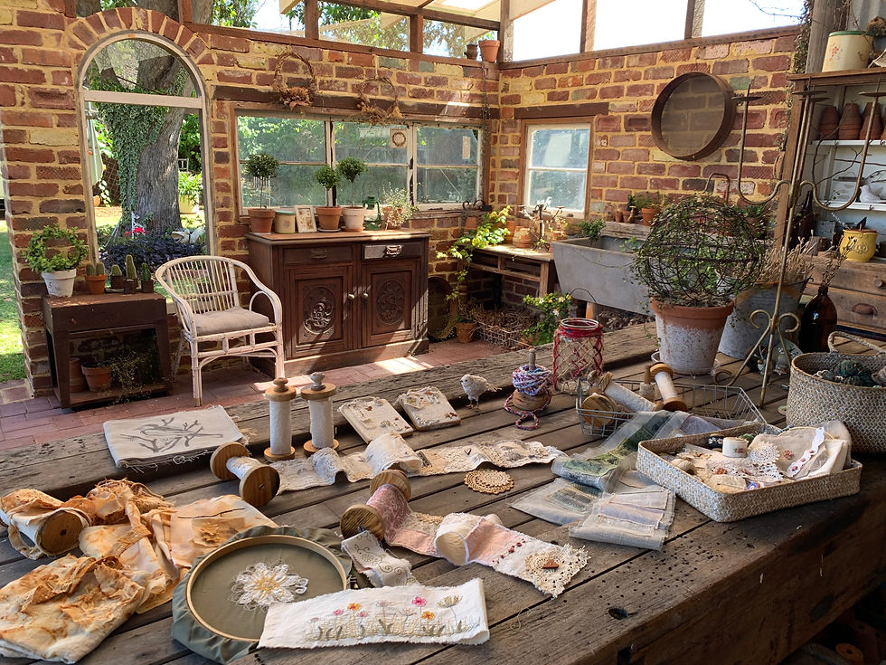A charming vintage shed, with a workbench for women's art workshops