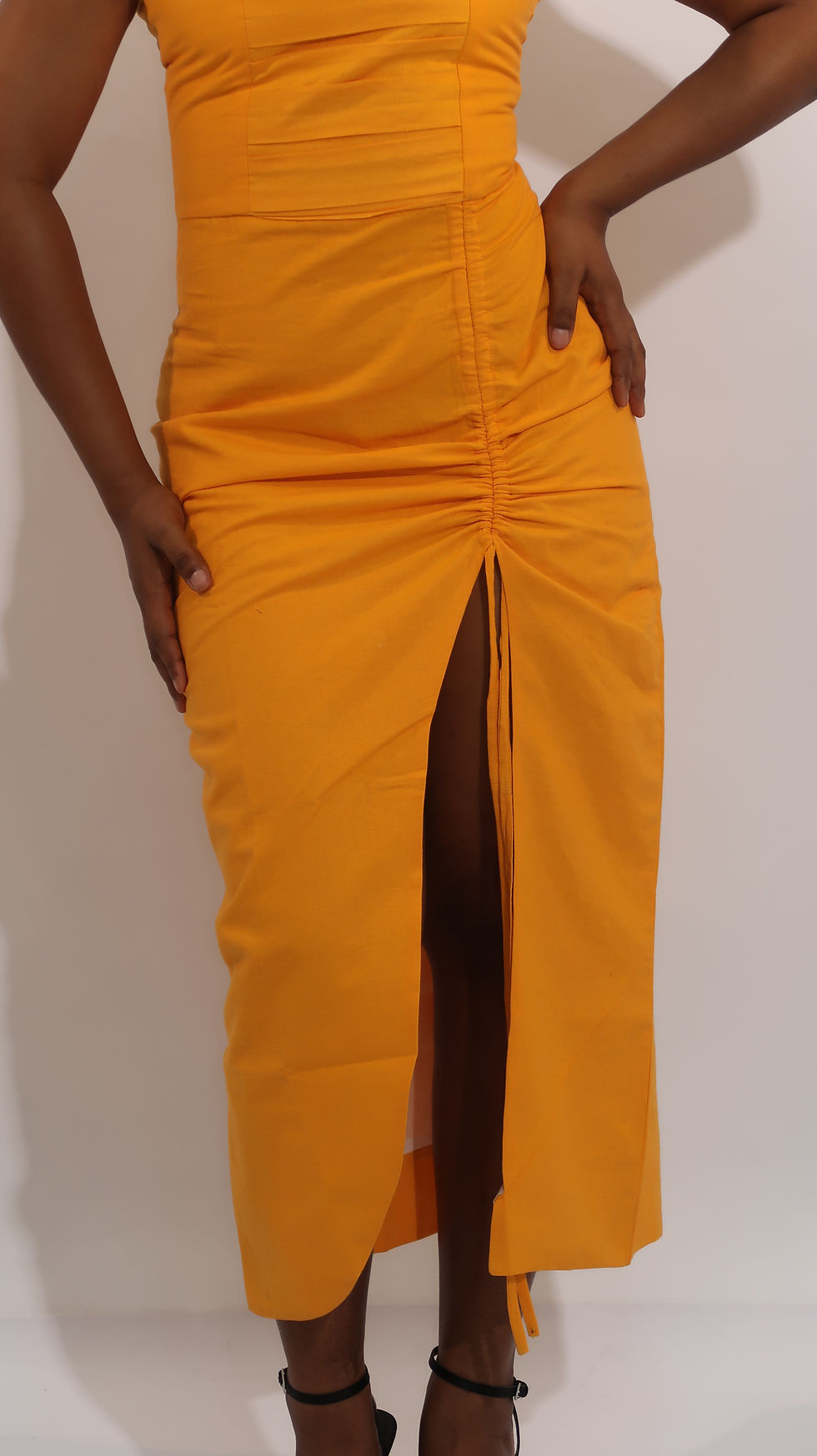 Thumbnail: Eartha Women's Yellow Drawstring-Slit Body-con Dress