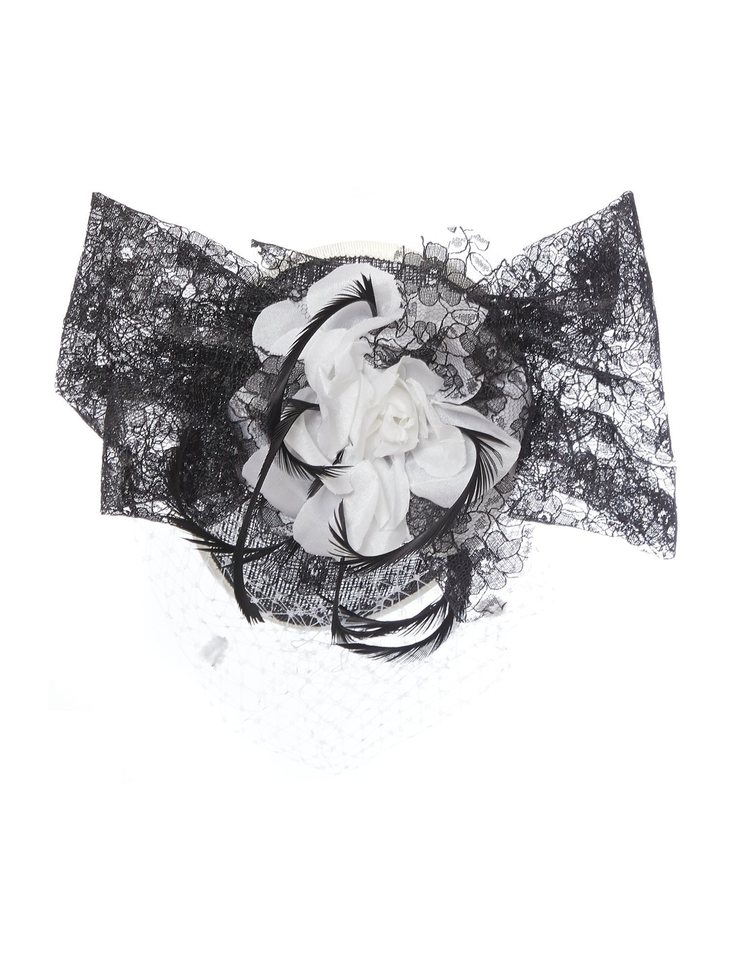 Amy Money Harriet Lace Floral Trim & Veiling Headpiece, Black & White