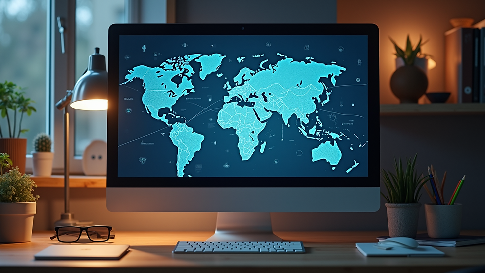 Vista frontal de una computadora con gráficos educativos en pantalla