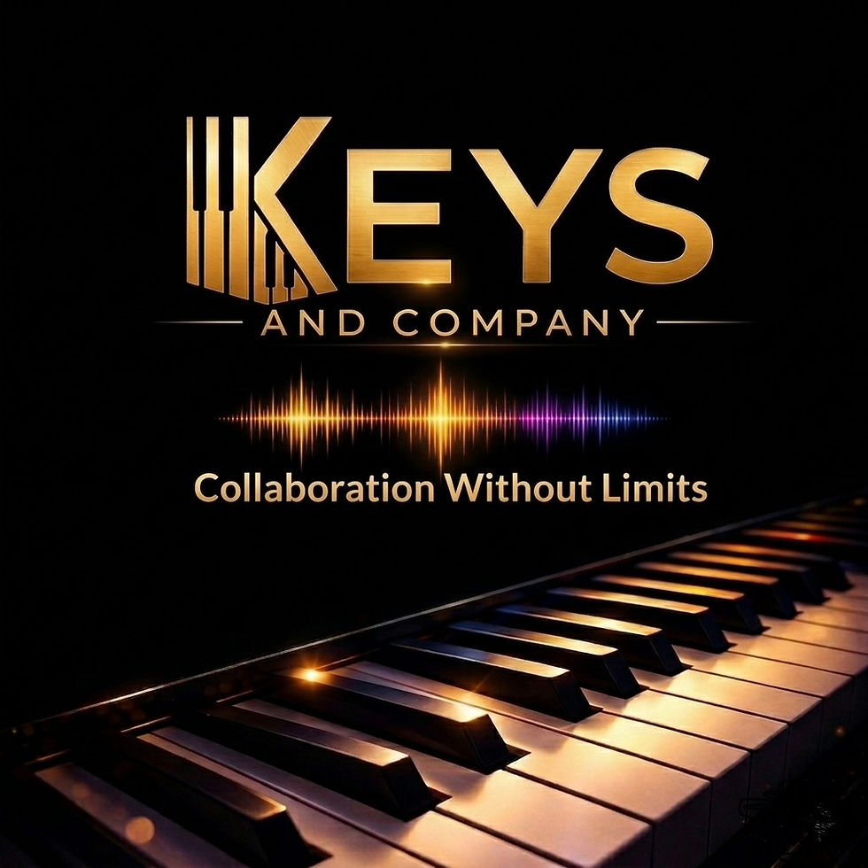 Square logo image for Keys and Company with piano keys and golden text on a dark background.