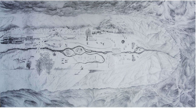 Large, map-like pencil drawing of a valley. The sides are snowy mountains and above them are dark storm clouds. Through the middle runs a black river.