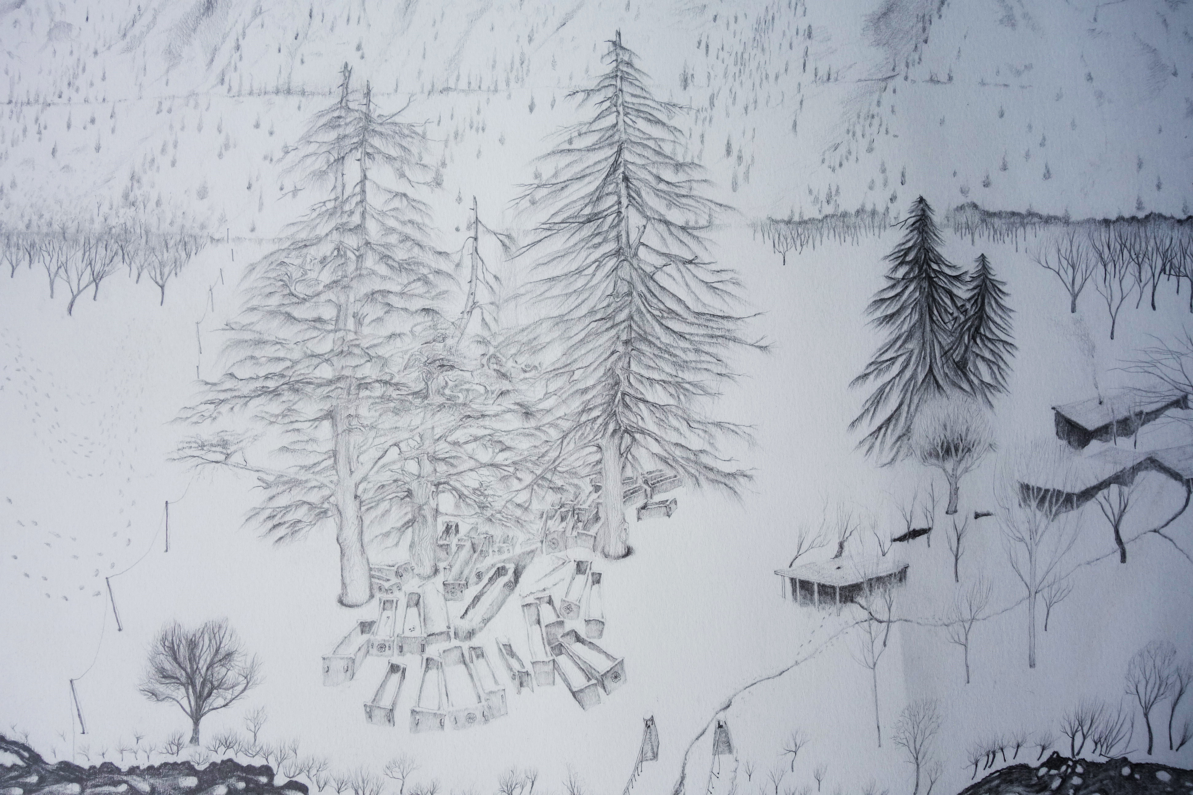 Close up of part of the drawing showing snow covered trees and open wooden hand carved coffins.