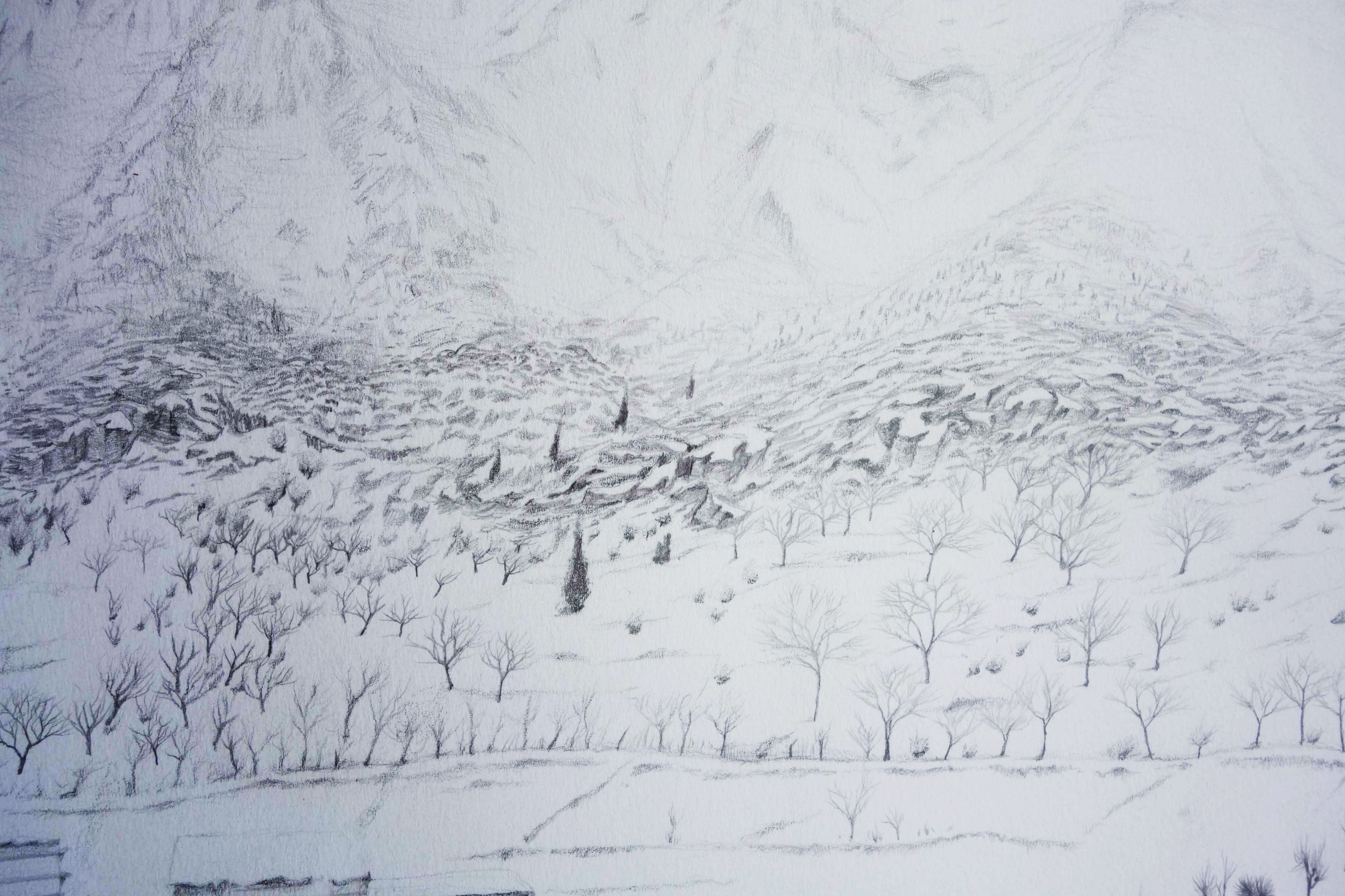Close up of part of the drawing showing trees and the valley side.