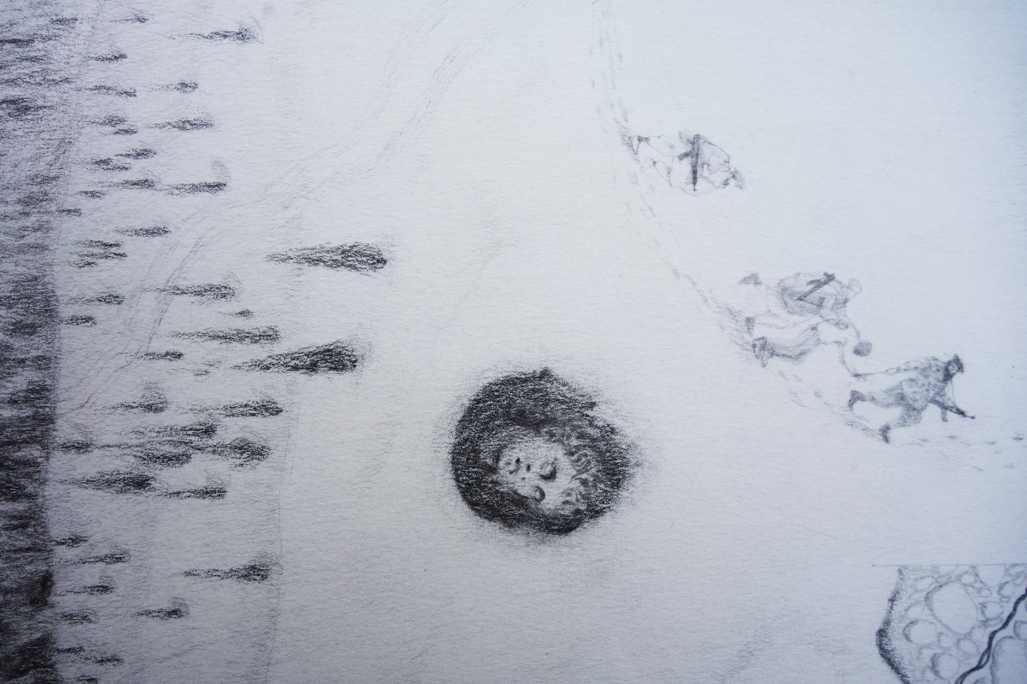 Close up of part of the drawing showing a statue's head in the snow and armed men leading away a man with a hood on his head and his hands tied.