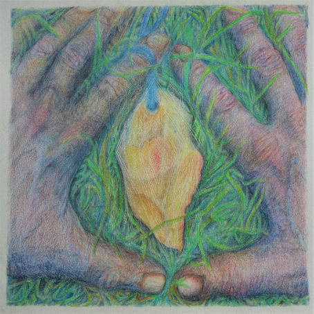 two bloody hands with a flint charm in between them. The charm is laying on grass and is about the size and shape of a chicken breast. It was a hole at the top with a chord running through it