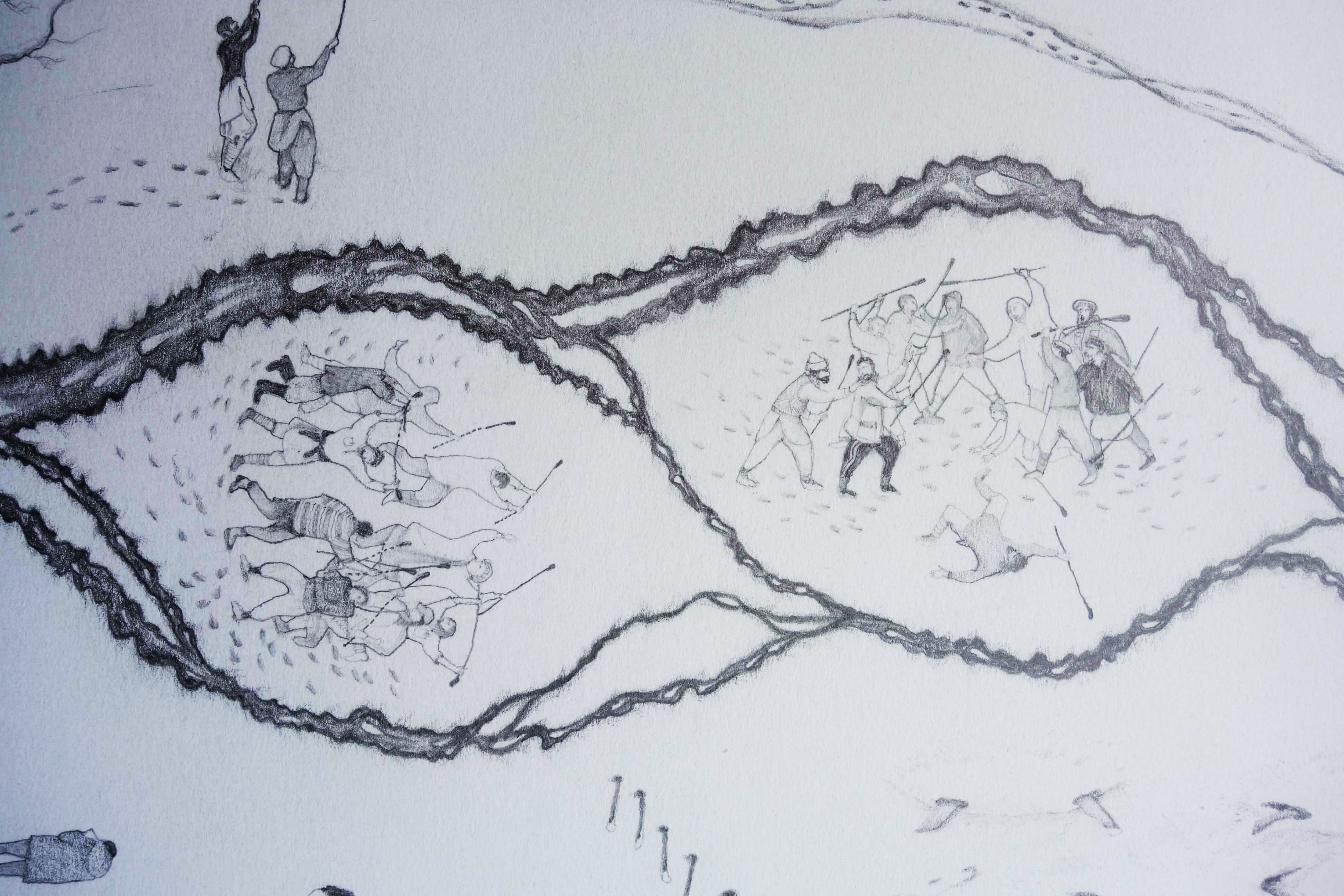 Close up of part of the drawing showing men fighting. In the corner I have shown myself making notes.
