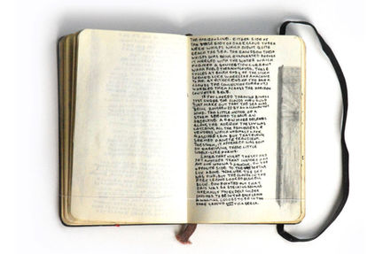 Pencil drawing of the horizon down the edge of the page. Black text in the body of the page.