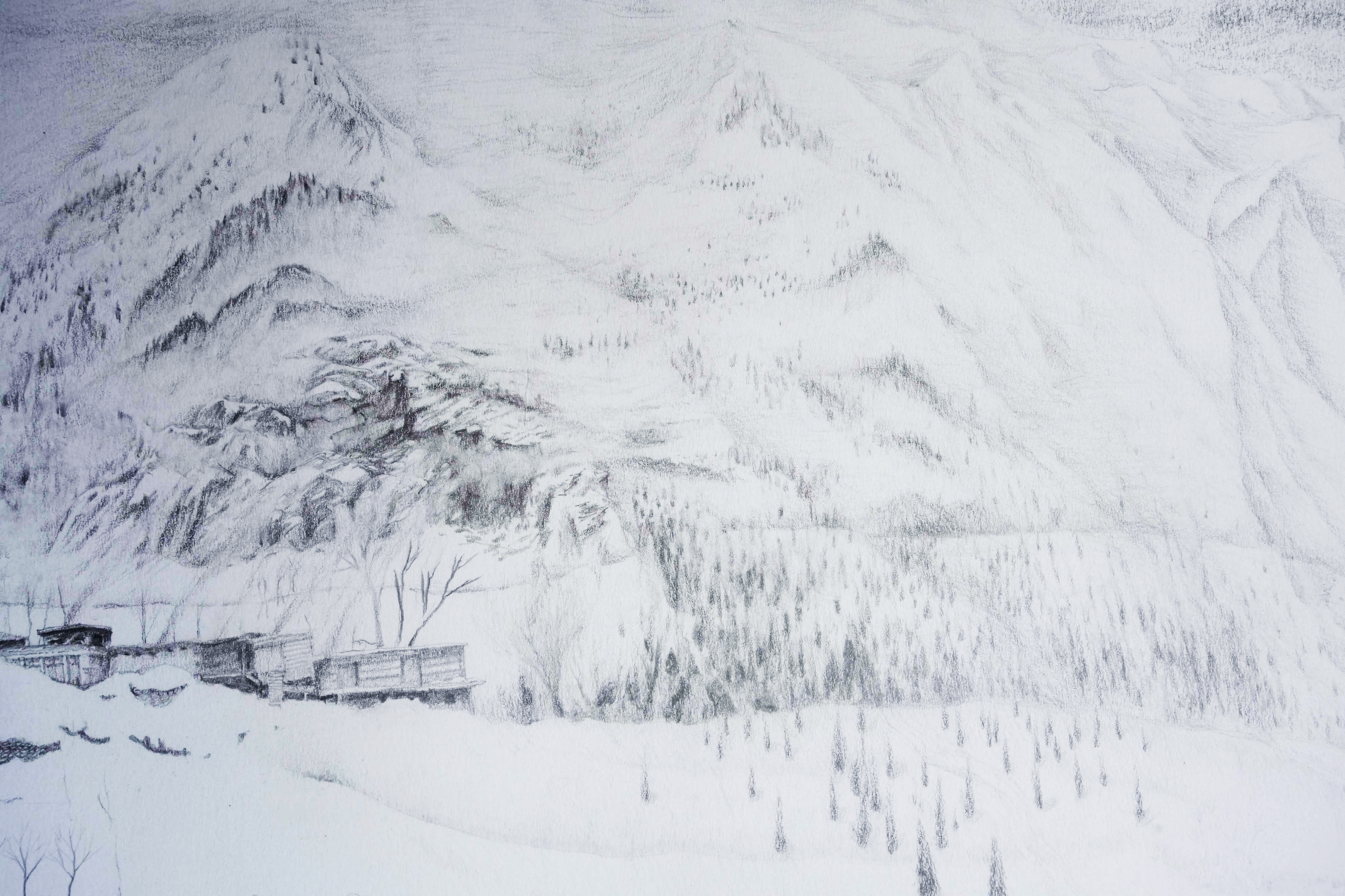 Close up of part of the drawing showing the valley side and part of a village with smoke rising from the homes.