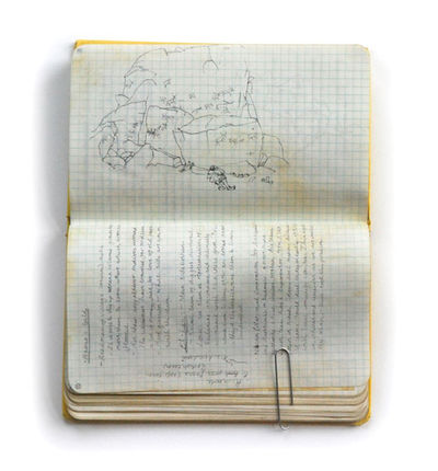 Text and a pen drawing of a cliff with images of animals pecked into it. A archaeologist sleeps below the cliff.