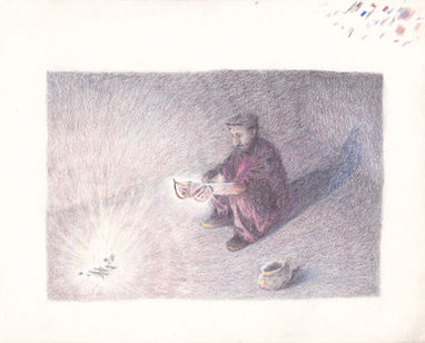 man in purple shalwar kameez squatting over a small fire, looking intently at a small bow he holds in his hands