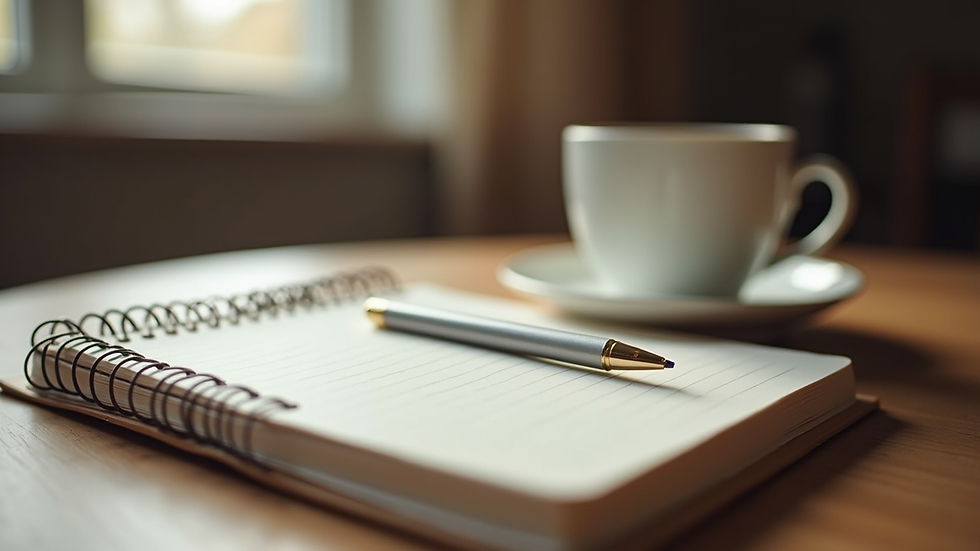 Eye-level view of a cozy workspace with a notebook and a cup of coffee