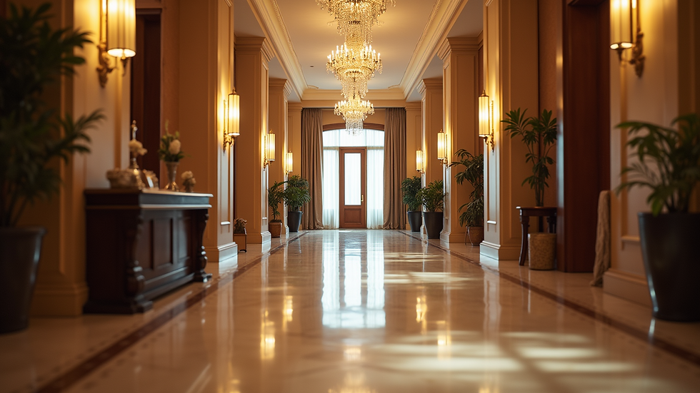 Eye-level view of a luxurious hotel lobby with elegant decor