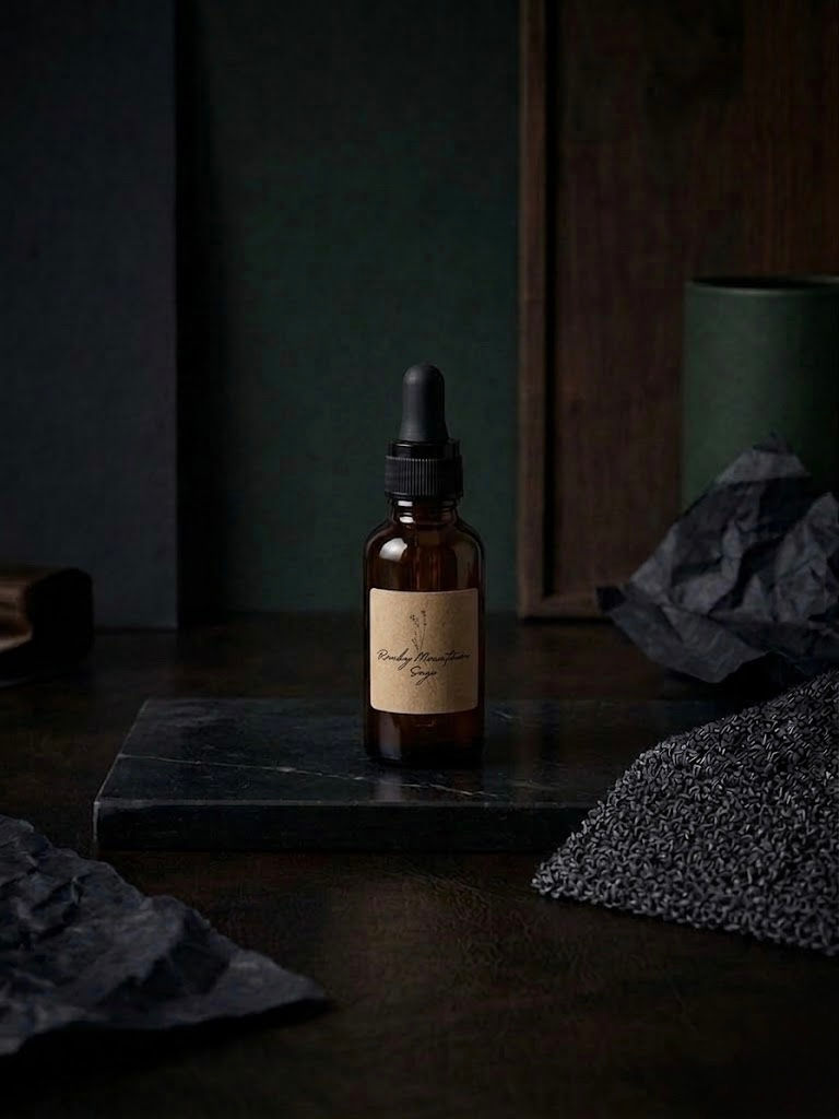 Thumbnail: Rocky Mountain Sage premium beard oil in an amber glass bottle with a dropper, shown in a masculine, rustic product photo.