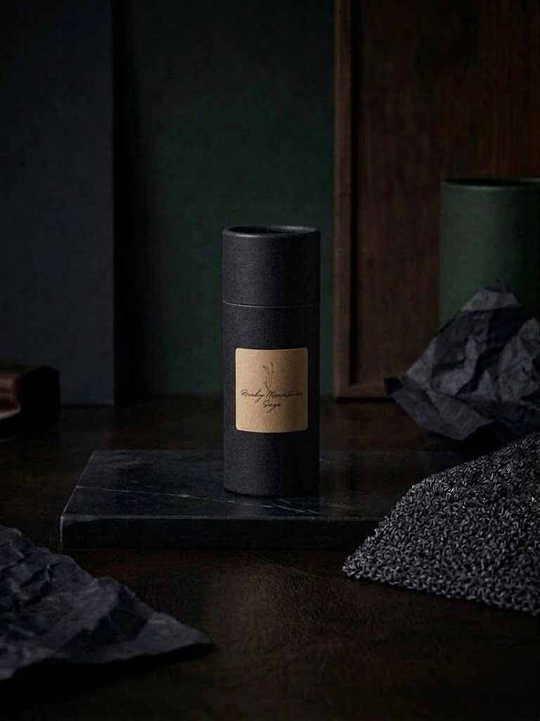 Rocky Mountain Sage natural solid cologne in a sleek black kraft paper tube, ideal for an active, modern grooming routine.