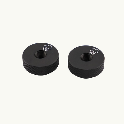 Two black threaded knobs with logo