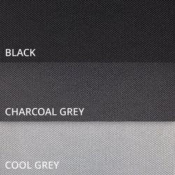 Fabric swatches in black, charcoal grey, and cool grey