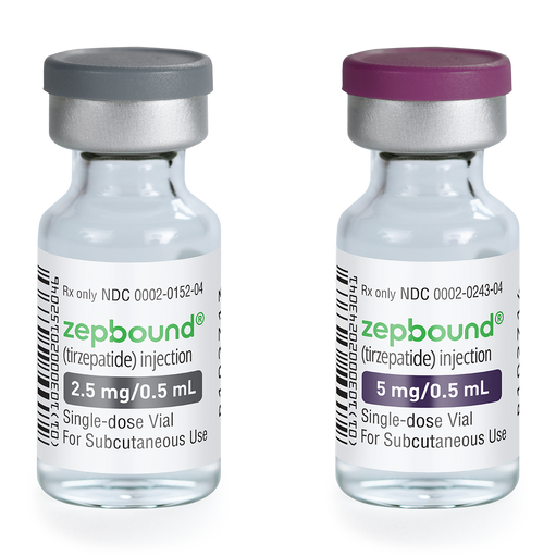 Vials of the weight-loss medication tirzepatide, trade name Zepbound, which the FDA has approved for use in patients with obesity and OSA.