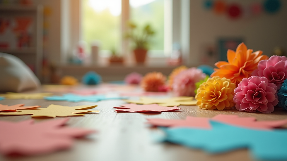 Eye-level view of colorful handmade paper crafts on a table