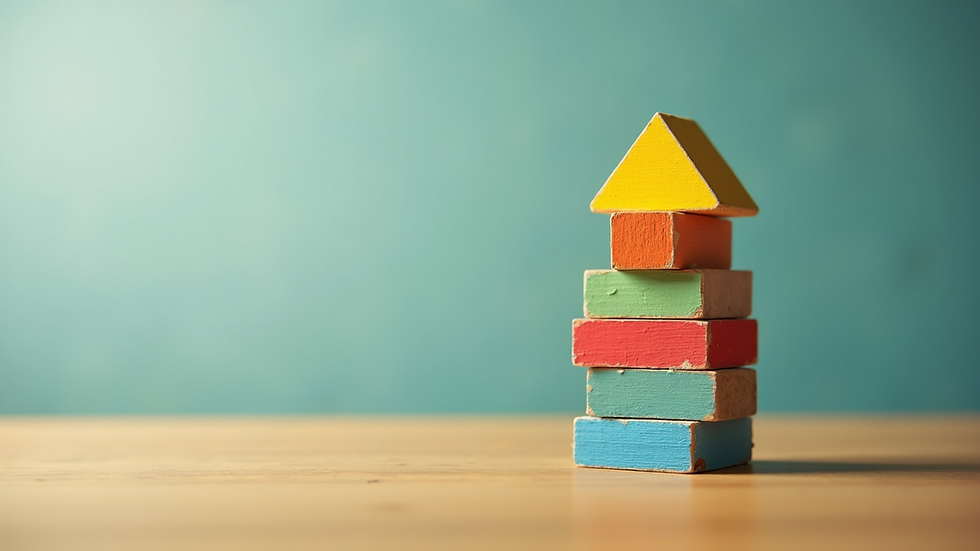 Eye-level view of colorful wooden blocks stacked in a creative tower
