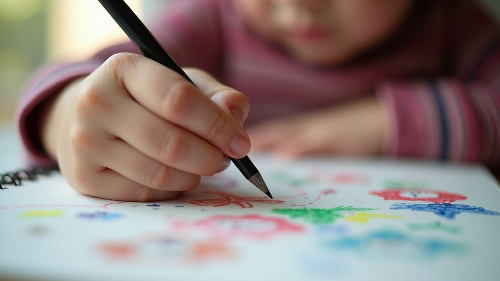 Close-up view of a child’s hands drawing colorful pictures in a journal