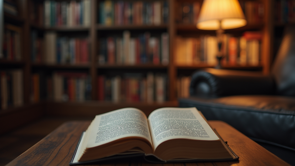 Eye-level view of a cozy reading nook filled with mystery novels