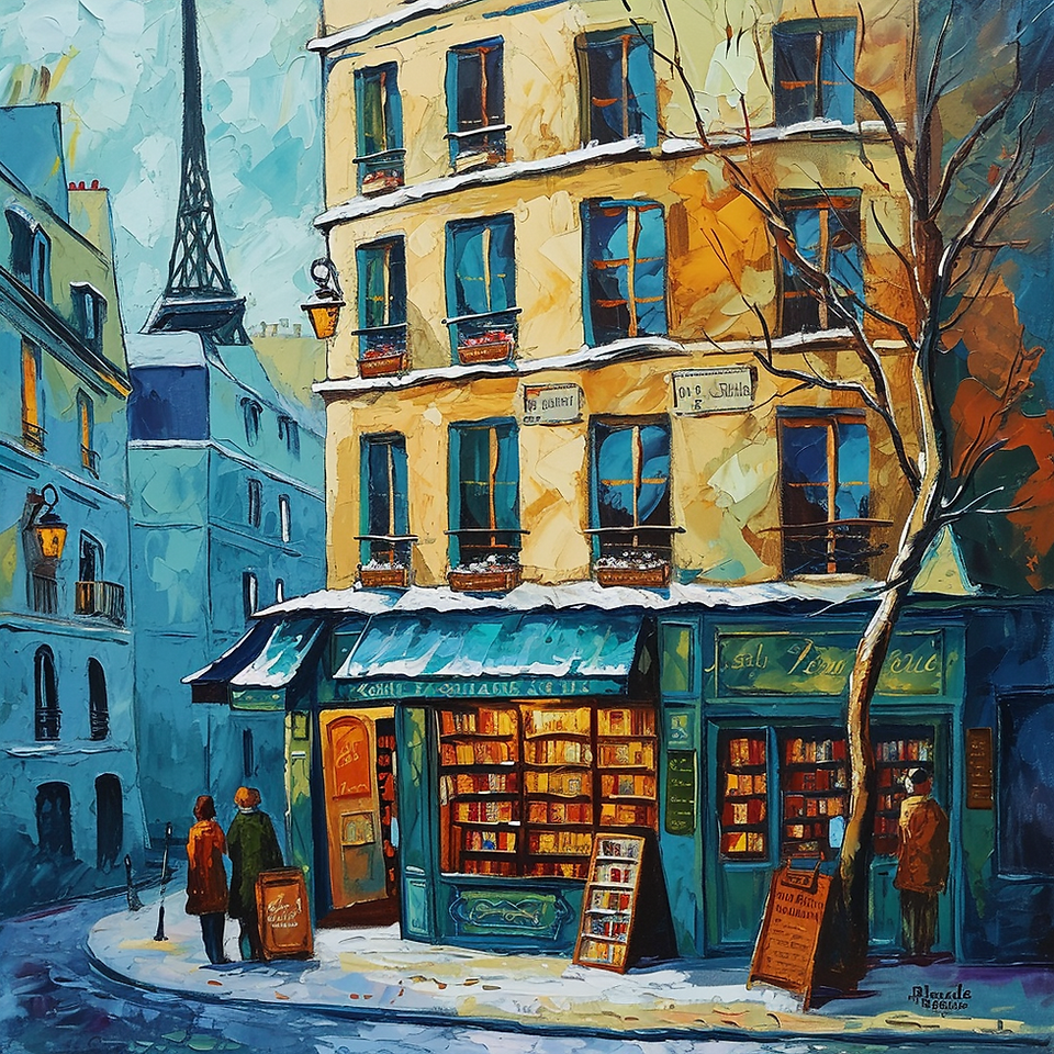A painting of a boutique bookstore in Paris street, inspired by Pablo Picasso