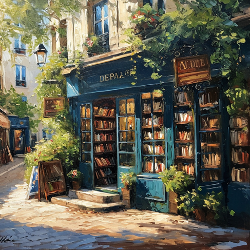 A painting of a boutique bookstore in Paris street, inspired by Studio Ghibli