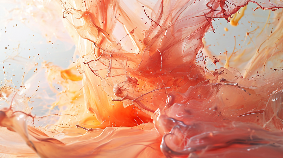 Expressionistic color explosions, transparent fluttering materials, translucent, soft peach pantone color