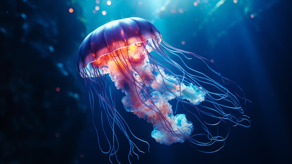 Underwater photography of a blue jellyfish, glowing deep in the ocean, beautiful sunlight