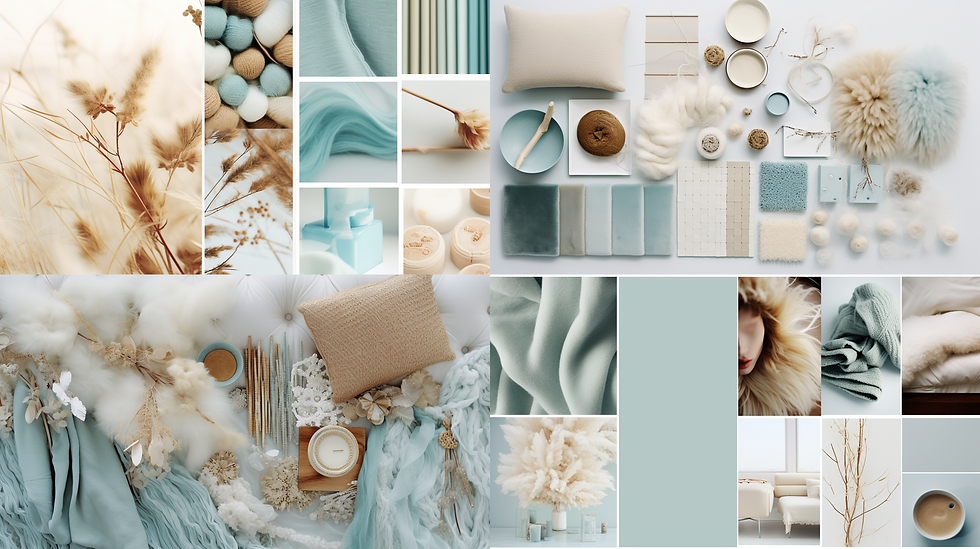 Moodboard, winter color palette, Frosty aqua, clean white, camel tan