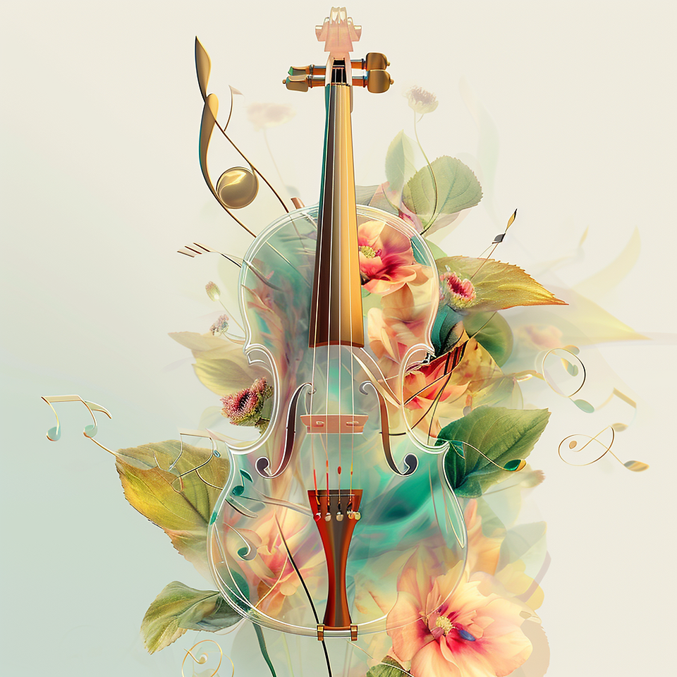 A green violin surrounded by flowers