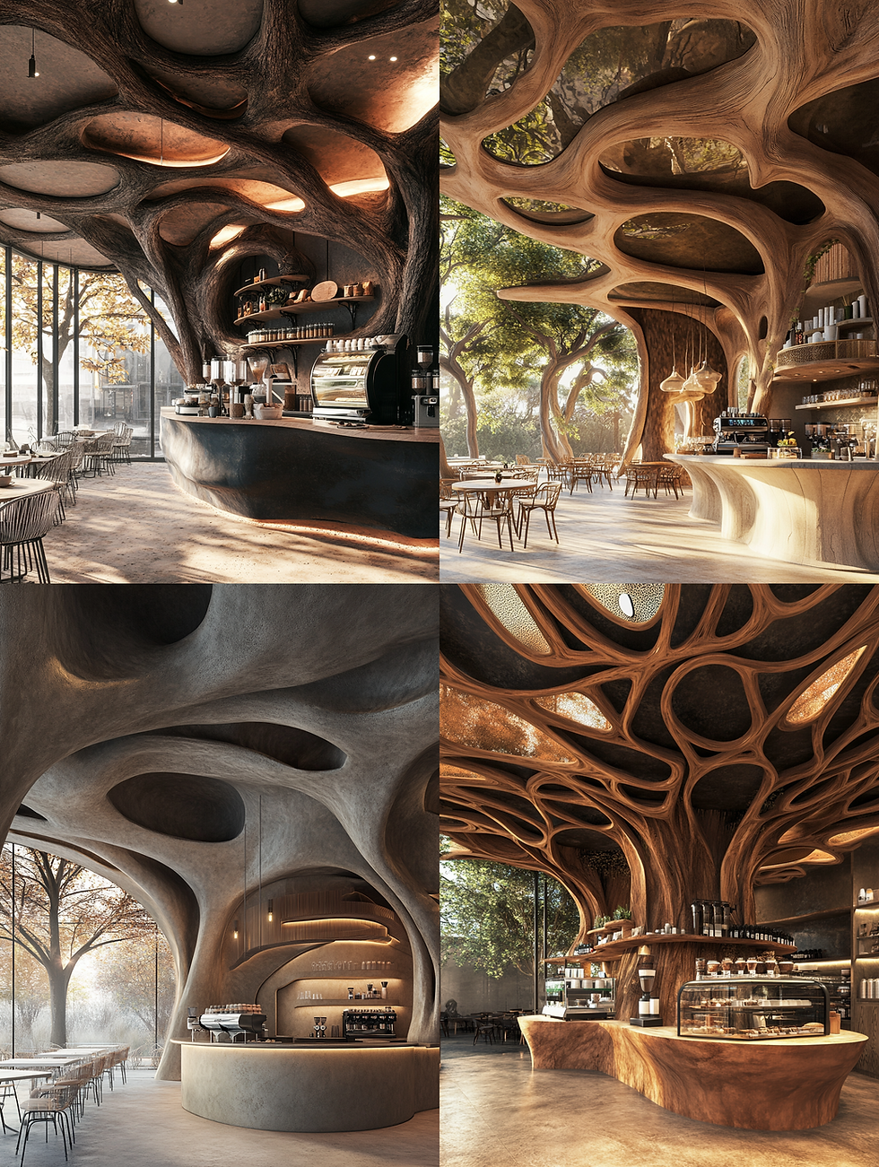 Interior design of a coffee shop located in the tree,created with intertwining materials in the style of realistic yet ethereal, monumental architecture