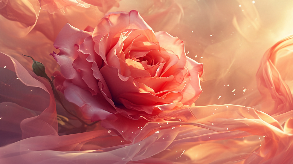 A whimsical valentine illustration of a rose surrounding by soft fabric, romantic atmosphere, soft color palette