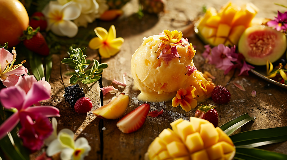 Commercial photograph, a tropical fruit sorbet, center composition, surrouded by edible flowers and tropical fruits, beautiful sunlight