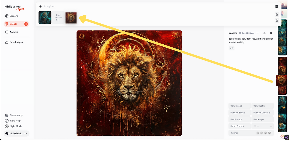 Midjourney website tutorial: Drag and drop images that you created directly to the “ Imagine” textbox