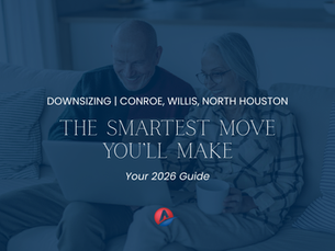 Couple smiling and browsing a laptop together on a couch, overlaid with text reading "The Smartest Move You'll Make – Your 2026 Guide to Downsizing in Conroe, Willis, and North Houston" by Alta Homes.