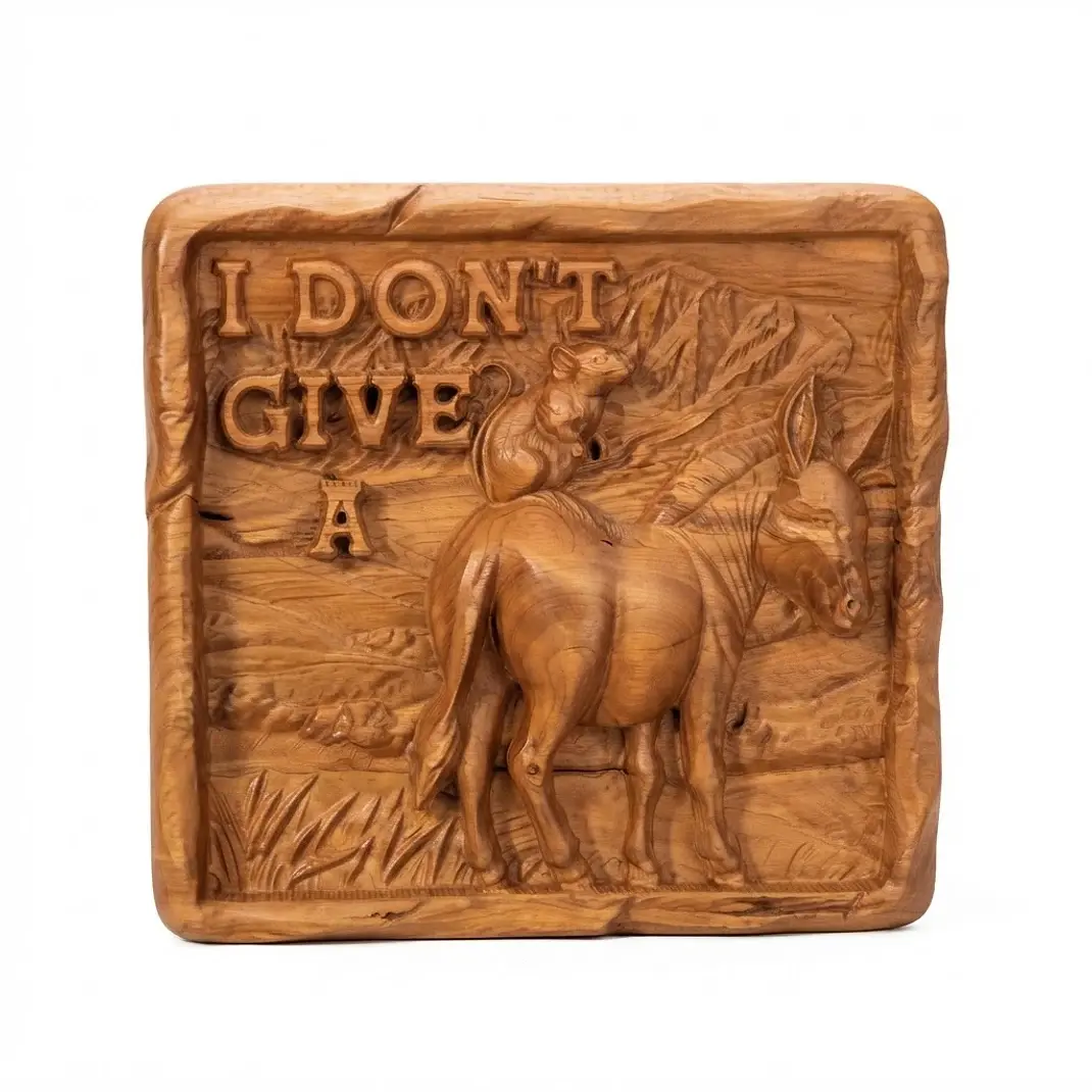 Rustic Carved Donkey and Mouse Plaque