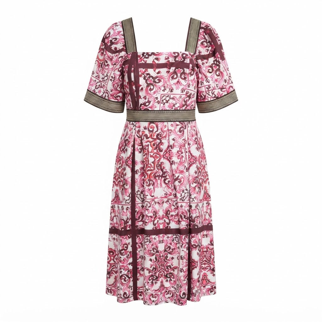 Baroque Print Square-Neck Midi Dress