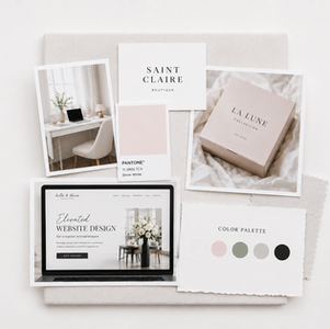 Neutral branding mood board with laptop, product box, desk photo, color palette swatches, and text: SAINT CLAIRE, LA LUNE, PANTONE, website design