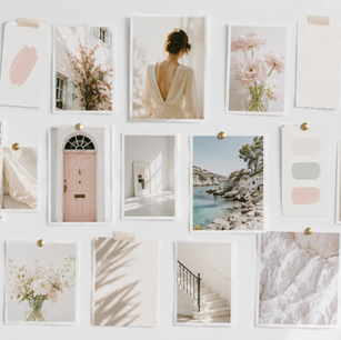 Soft beige mood board collage of pastel photos: woman in white dress, flowers, sea, pink door, stairs, art prints, and sunlit textures