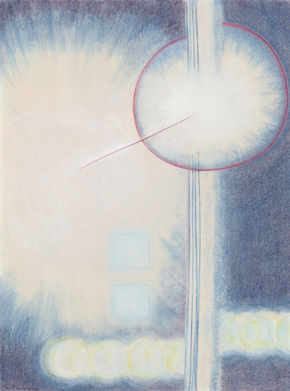 Abstract pastel with a glowing white circle outlined in red, pale blue forms and vertical lines against a blue background