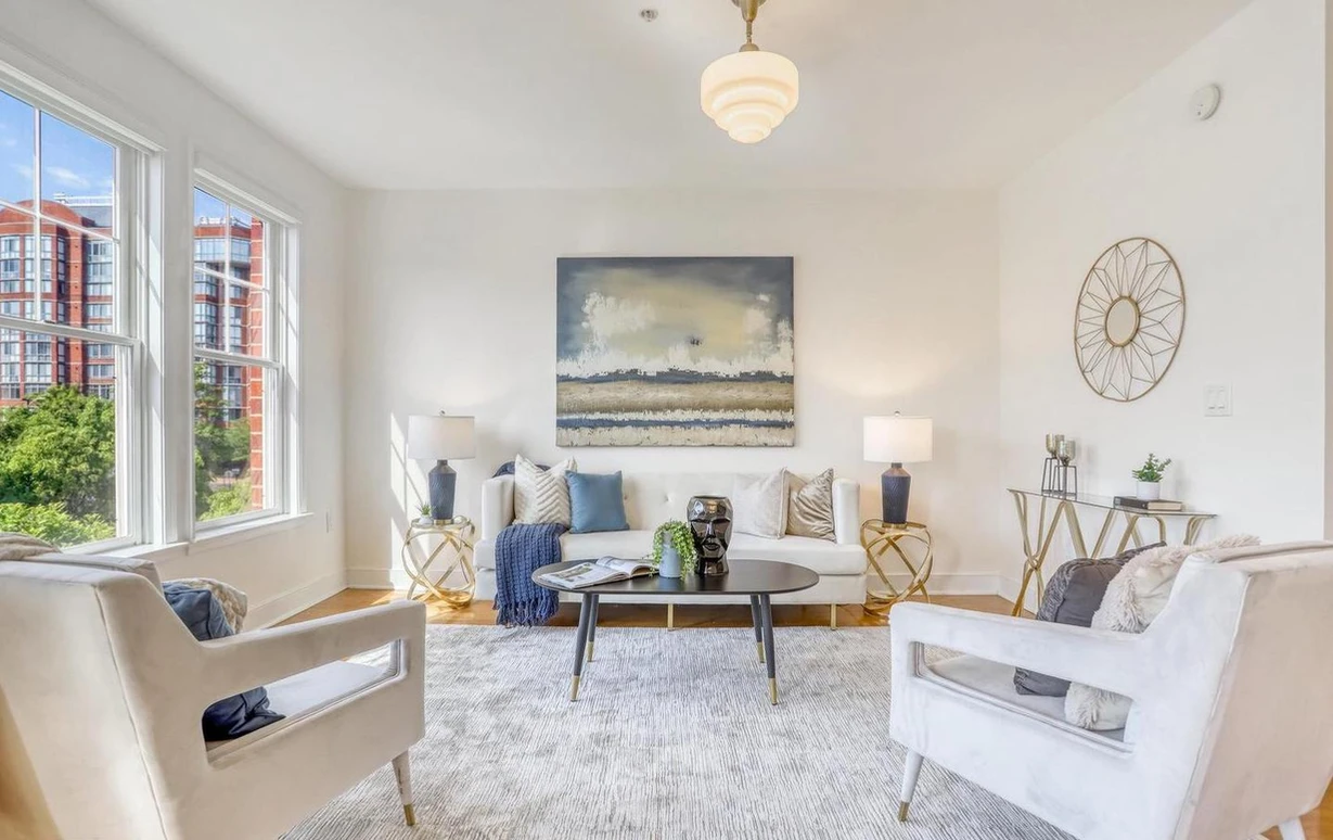 white and neutral themed living room staging