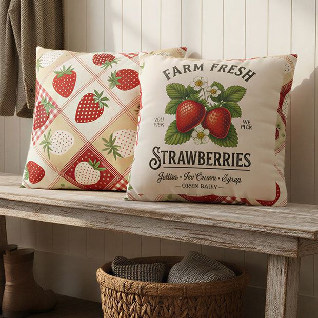 Vintage-style strawberry pillow covers in red, green and cream displayed on a rustic wooden bench.