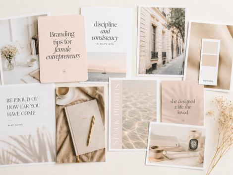 Beige branding mood board collage with quotes, notebook, coffee cup, seaside and street photos, and dried flowers.