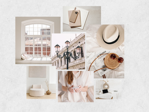 Neutral beige mood board collage with window, notebook and phone, straw hat and sunglasses, city lamp, chair, and woman using a phone