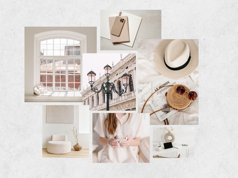 Neutral beige mood board collage with window, notebook and phone, straw hat and sunglasses, city lamp, chair, and woman using a phone