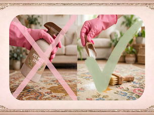 Split image: crossed-out Pet Mess Spray bottle on left, and hand sprinkling cleaner onto a floral rug with brush on right.