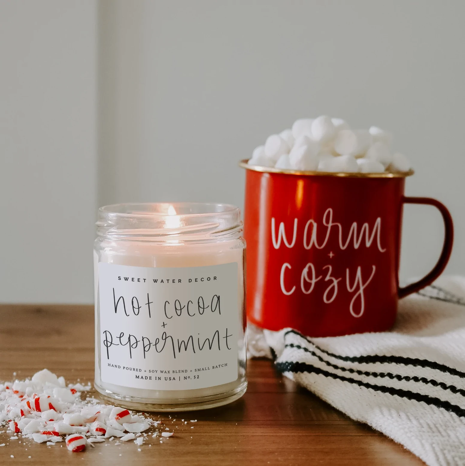 hot cocoa and peppermint candle